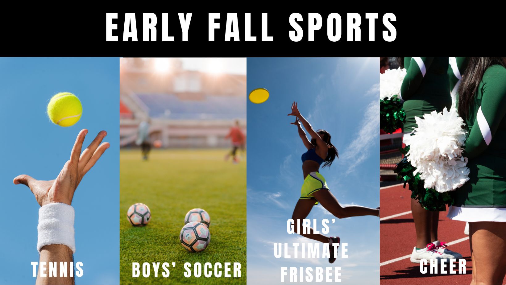 photo a tennis player, soccer player, girls' ultimate frisbee player and cheerleaders