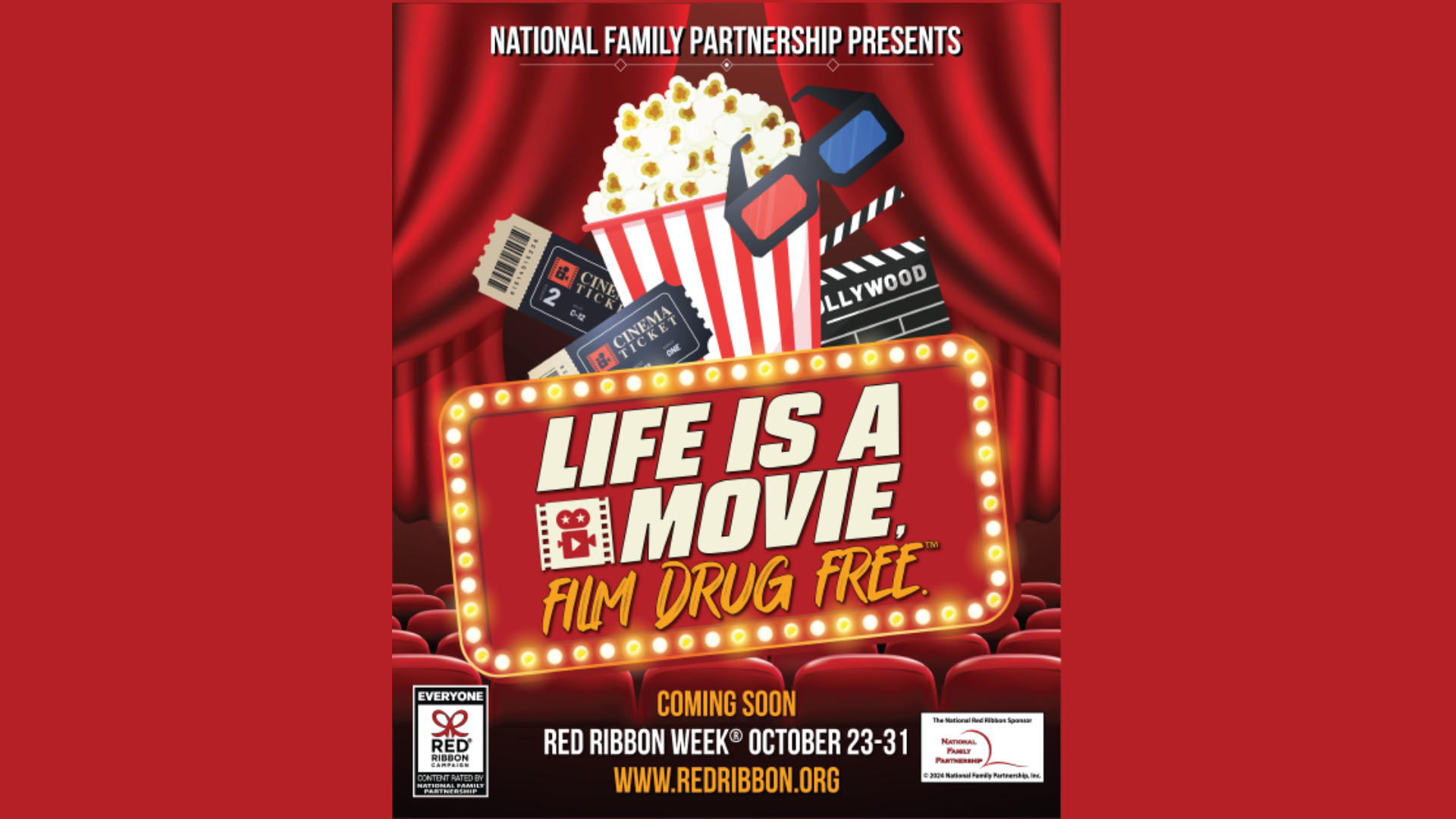 Red Ribbon Week image of popcorn and theatre for theme Life is a Move, film drug free