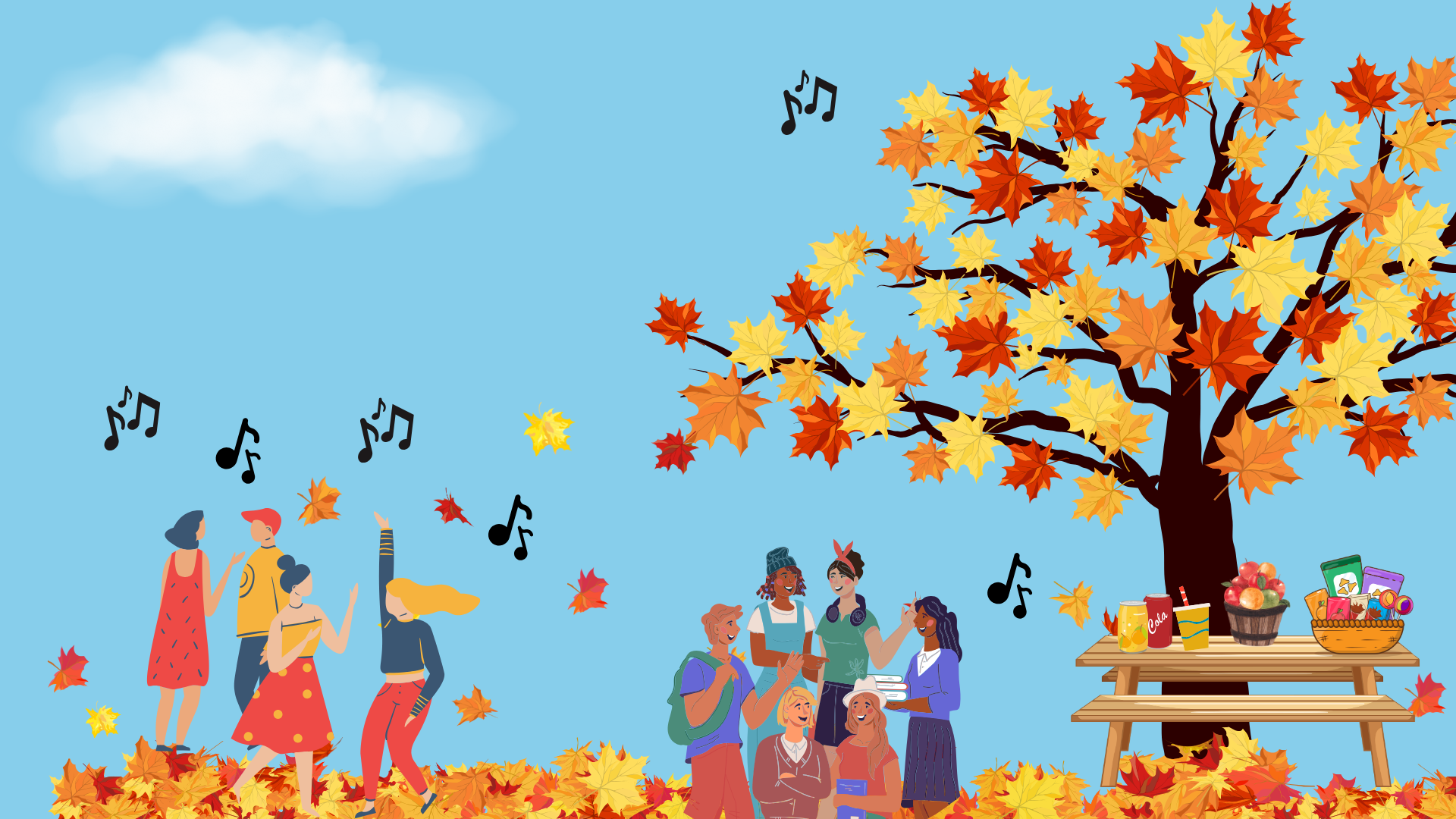 image of diverse people dancing and eating under a tree with falling leaves