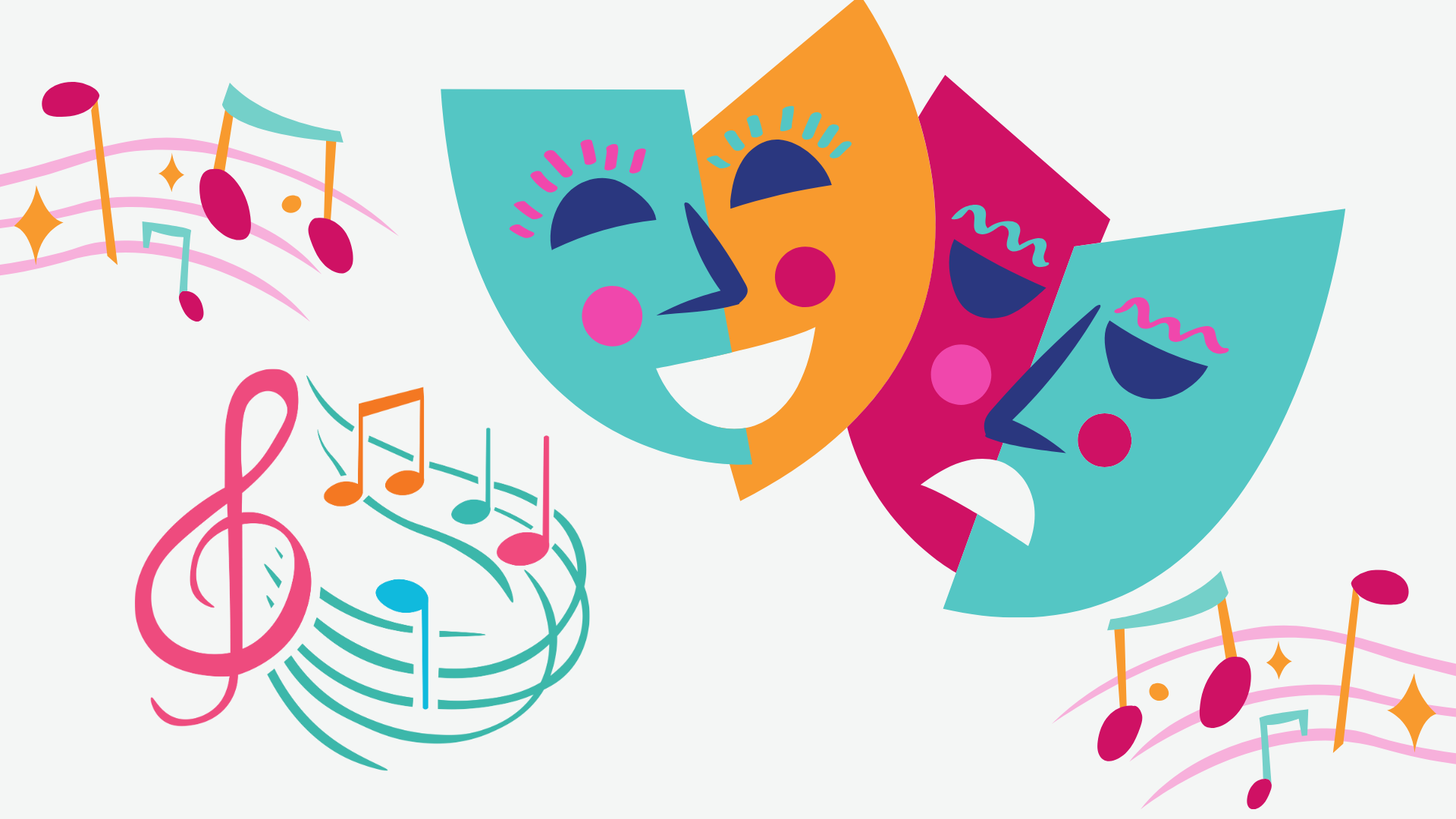 spring musical graphic with theatre masks and musical notes