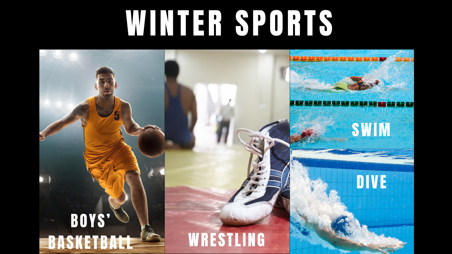 image representing winter sports with photo of a boy playing basketball, a wrestling shoe, a swimmer, and a diver