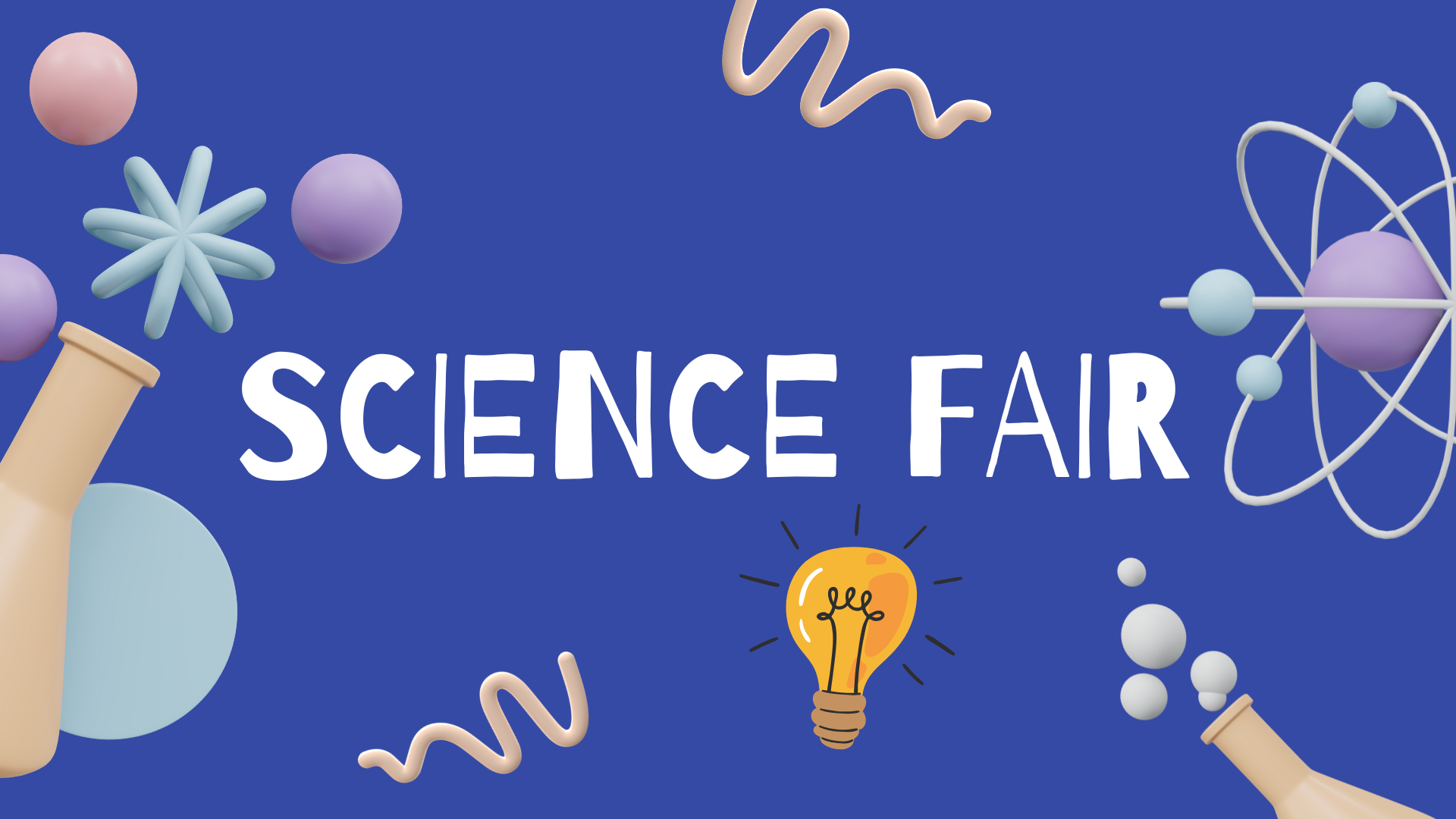 Science Fair words surrounded by beakers and a light bulb